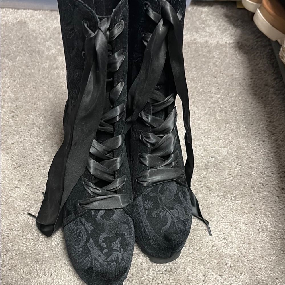 Killstar Black Lace-Up Knee-High Boots new